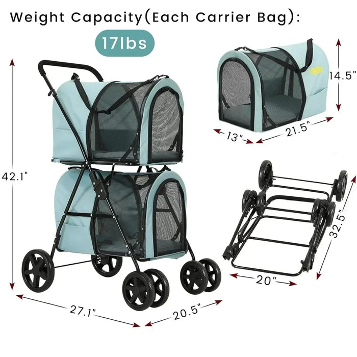 4-in-1 Double Pet Stroller for Dogs and Cats, 2 Detachable Carriers 4 Lockable Wheels Cat Strollers Pet Travel Cart, Collapsible - Small to Tall Pet Co.