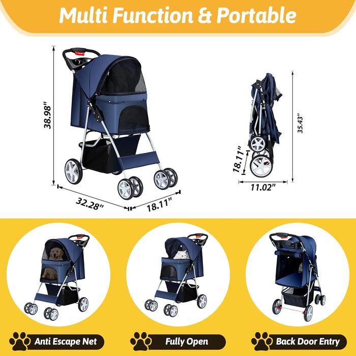 Pet Stroller 4 Wheels Dog Cat Stroller for Medium Small Dogs Cats, Folding Cat Jogger Stroller with Storage Basket & Breathable - Small to Tall Pet Co.