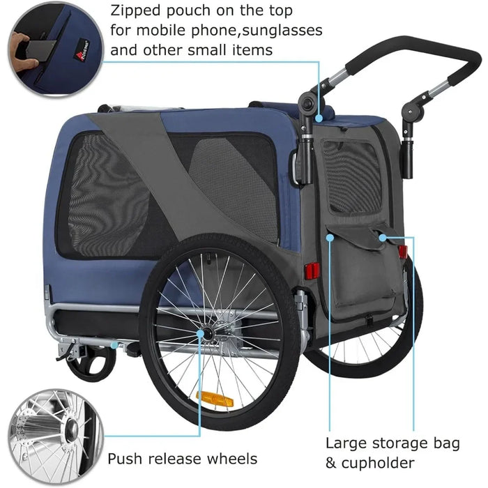 Premium Large/XL Pet Bike Trailer & Stroller for Large Sized Dog or Multiple Small Dogs,Low Center of Gravity Easy Folding Frame - Small to Tall Pet Co.