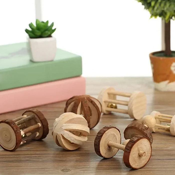 Cute Rabbit Roller Toys Natural Wooden Pine Dumbells Unicycle Bell Chew Toys for Guinea Pigs Rat Small Pet Molars Supplies - Small to Tall Pet Co.