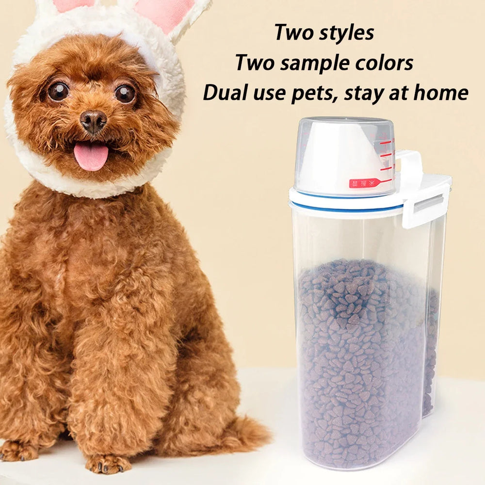 1.5L/2L Dog Cat Food Pail Plastic Storage Tank with Measuring Cup Container Moisture-proof Sealed Jar Pet Supplies Accessories - Small to Tall Pet Co.