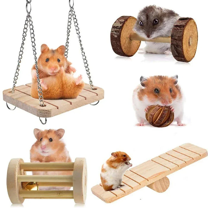 Cute Rabbit Roller Toys Natural Wooden Pine Dumbells Unicycle Bell Chew Toys for Guinea Pigs Rat Small Pet Molars Supplies - Small to Tall Pet Co.