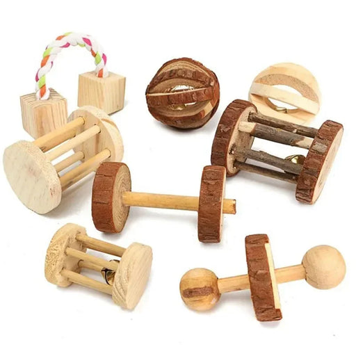 Cute Rabbit Roller Toys Natural Wooden Pine Dumbells Unicycle Bell Chew Toys for Guinea Pigs Rat Small Pet Molars Supplies - Small to Tall Pet Co.