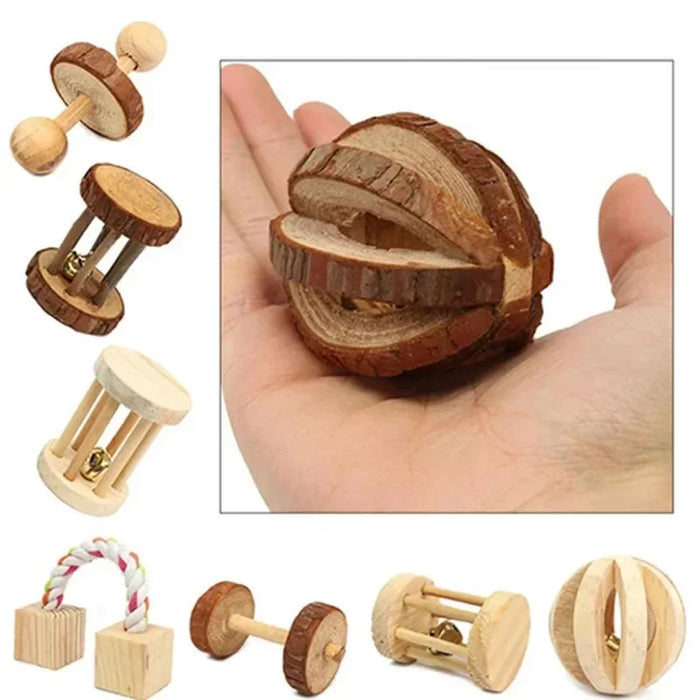 Cute Rabbit Roller Toys Natural Wooden Pine Dumbells Unicycle Bell Chew Toys for Guinea Pigs Rat Small Pet Molars Supplies - Small to Tall Pet Co.